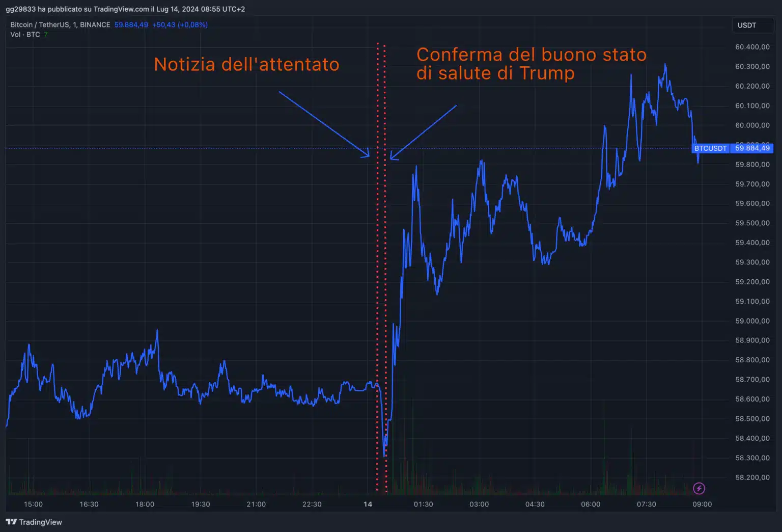 Bitcoin - Trump correlazione, 14 luglio 2024