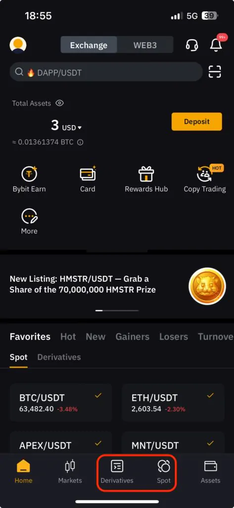 App Bybit spot vs Derivati