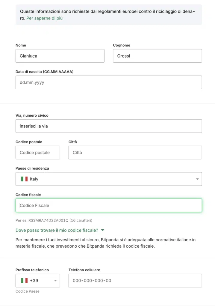 Modulo iscrizione Bitpanda