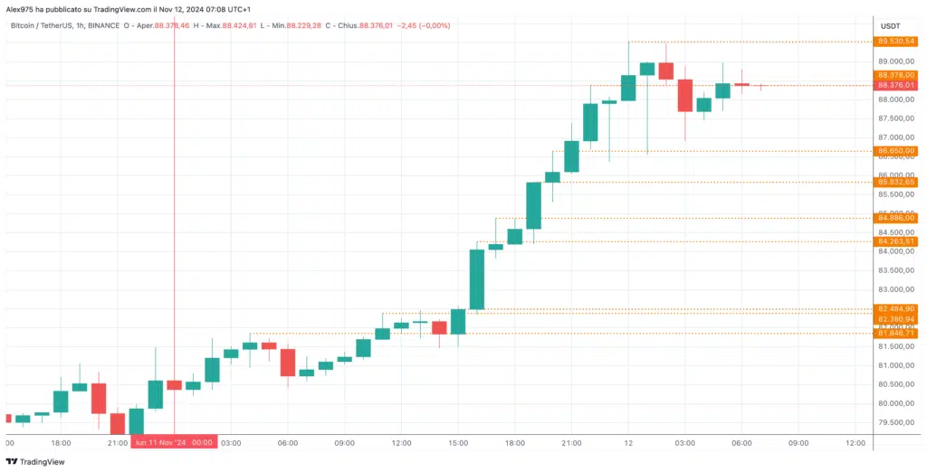 Bitcoin (BTC) - Grafico 1H  del 12 Novembre 2024