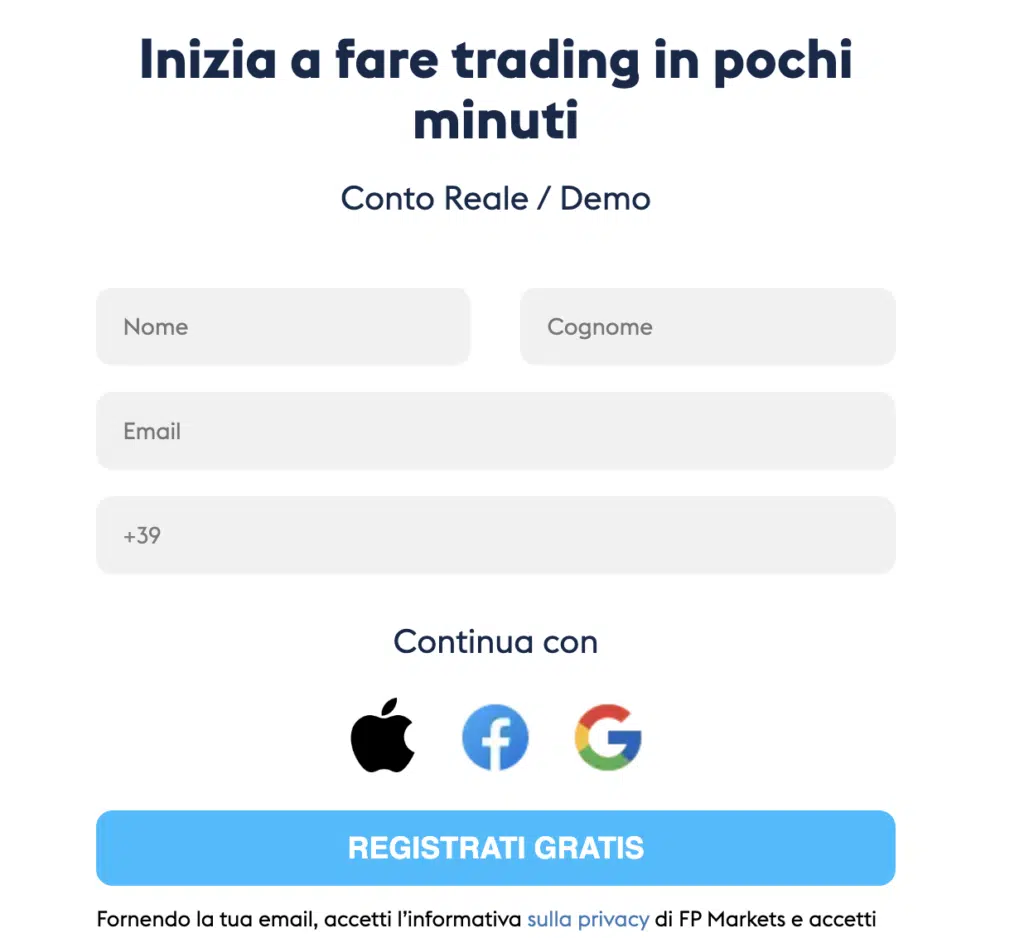 Schermata registrazione 1 di FP Markets