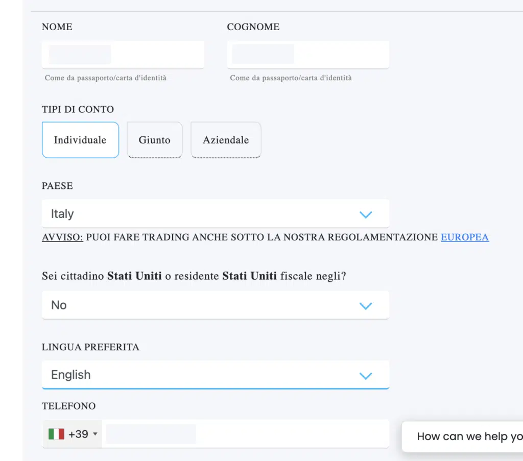 Schermata registrazione 2 su FP Markets