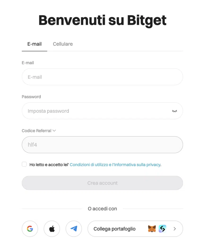 Schermata registrazione Bitget