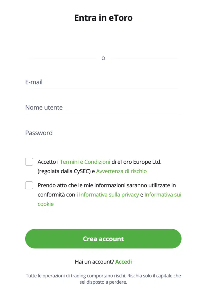 schermata per aprire un conto su etoro