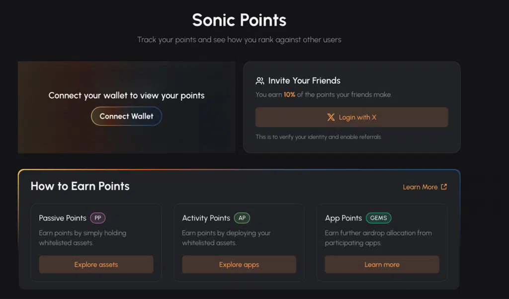 Dashboard punti airdrop Sonic