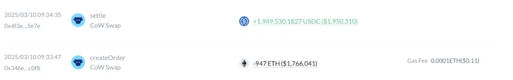 Whale vende Ethereum per USDC