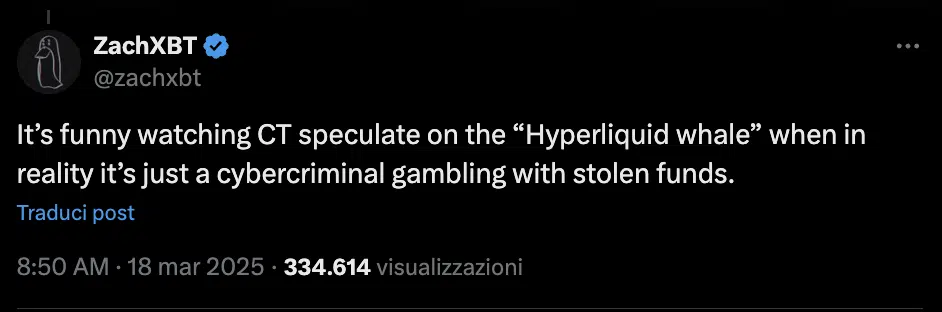 ZachXBT collega la whale di Hyperliquid ad un criminale informatico